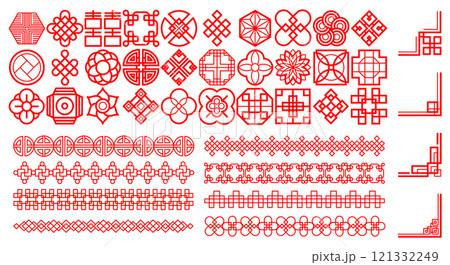 Chinese frame. Japanese icon. Asian pattern. Square oriental border. Line creative background. Geometric invitation divider. Graphic red Asia symbols. Flower and lantern. Vector ornament shapes set 121332249