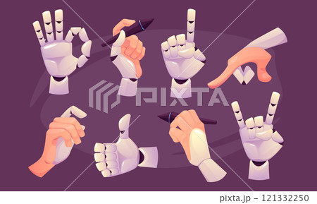 Robot arm. Prosthetic hand. Android part for handicapped. Cyborg AI technology. Innovative medicine. Metal palm. Automatic forefinger. Cybernetic prosthesis. Writing pen. Vector cartoon gestures set 121332250