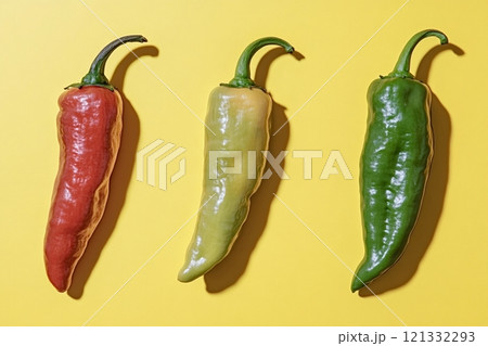 Three chili peppers showing ripening stages on yellow background 121332293