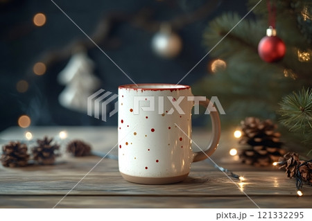 Steaming mug sitting on wooden table near decorated christmas tree 121332295