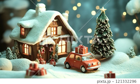 Miniature red car carrying christmas gifts in a snowy landscape 121332296