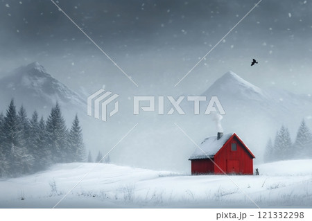 Red wooden cabin smoking in snowy mountain valley with bird flying 121332298