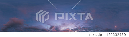 360 panorama of glowing sunset sky with bright pink Cumulus clouds. HDR 360 seamless spherical panorama. Full zenith or sky dome sky replacement for aerial drone panoramas. Climate and weather change. 121332420