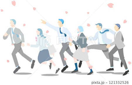 桜の花と走る学生男女ー横顔ー全身ー卒業ー入学ー人物シンプル線画ベクターイラスト素材 121332526