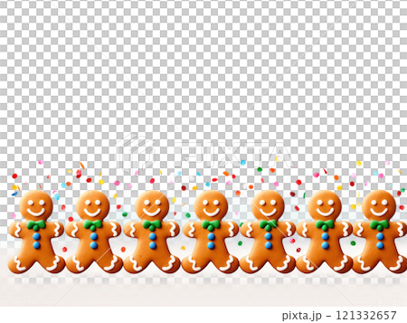 Whimsical Christmas border featuring a line of dancing gingerbread people, with a sprinkle of colorful confetti, on a transparent backdrop. 121332657