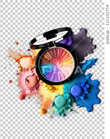 Eyeshadow Palette A colorful eyeshadow palette with vibrant colors, with a burst of colored powder floating around it, on a 121332754