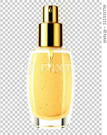 Foundation Bottle A luxurious foundation bottle with a gold cap, with droplets of foundation artistically splashed around it, on a 121332756