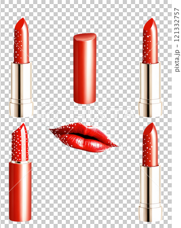 Lipstick A vibrant red lipstick with a glossy finish, elegantly suspended in mid-air, surrounded by twinkling specks of light, on 121332757