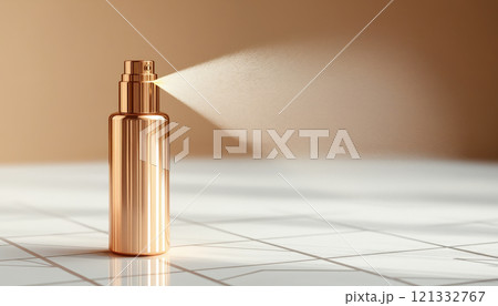 Makeup setting spray bottle mid-mist, fine droplets dispersing to lock in flawless, long-lasting coverage 121332767