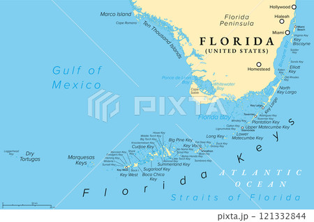 Florida Keys, United States, political map. Coral cay archipelago off the southern coast of Florida Peninsula, extend in an arc to the westernmost of the inhabited islands Key West, to Dry Tortugas. 121332844