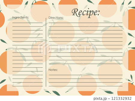 Recipe card template, juicy fruits blank. Cartoon recipe card template illustration. Cute retro kitchen 121332932