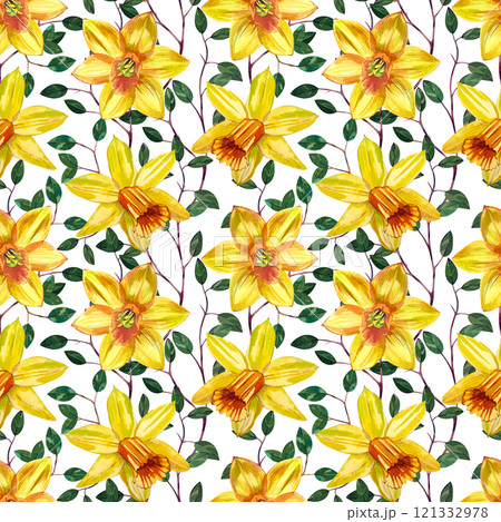 Yellow daffodils and green leaves and branches, hand painted in watercolor. Seamless watercolor pattern with daffodils. Suitable for printing on cards, invitations, for March 8, spring products 121332978