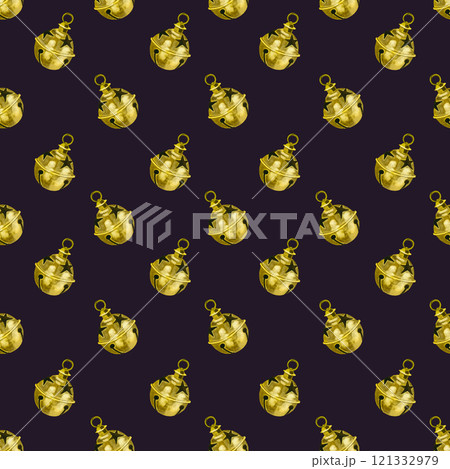 Seamless watercolor pattern of golden bells, Christmas bells. All objects are hand-drawn with watercolor. Watercolor illustration. Suitable for printing on fabric, for packaging goods and gifts 121332979