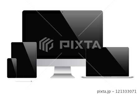 mockup gadget and device: smartphones, tablets, laptops and computer monitors black color with blank screen isolated on white background. vector illustration 121333071