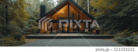 A modern A-frame cabin in the woods with black metal accents, large windows, and a gravel driveway. 121333213