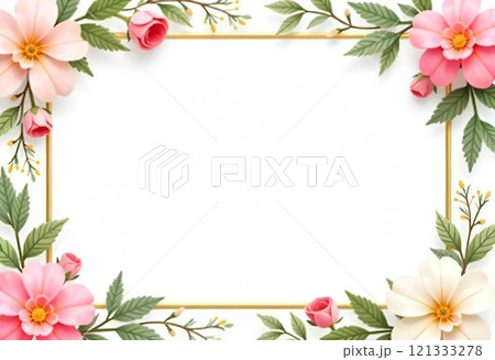 A floral frame with pink, white, and yellow flowers, leaves, and a gold border 121333278