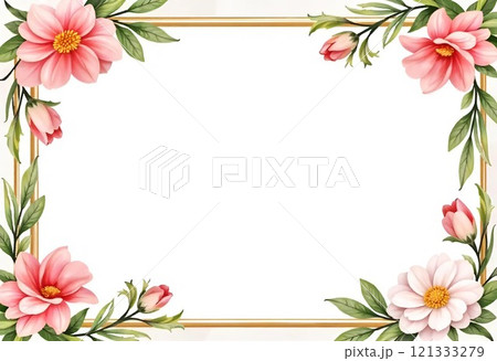 A floral frame with pink, white, and yellow flowers, leaves, and a gold border 121333279