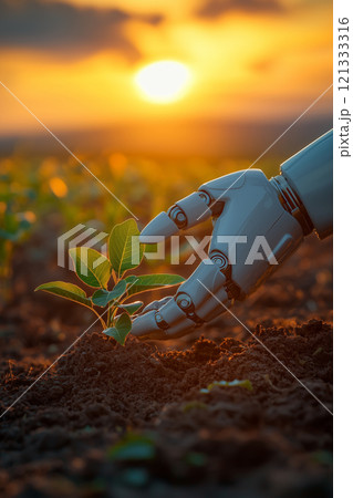 Futuristic AI hand and seeding against sun, robot planting sapling in soil at sunset, concept of technology, nature, future, sprout, environment 121333316