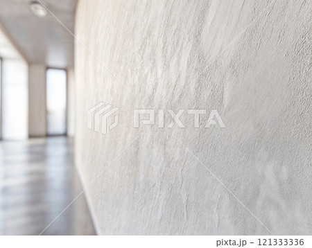 A minimalist hallway features a continuous microcement floor and wall, creating a seamless and spacious feel. 121333336