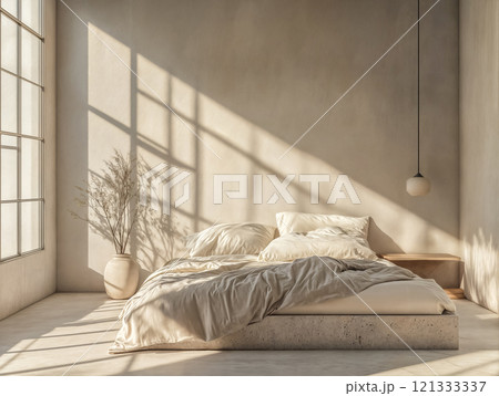 The room is bathed in natural light, casting interesting shadows on the micro cement walls and floor. 121333337