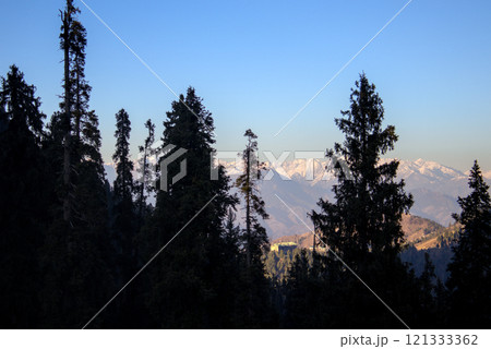 Sneak Peek Through Forest Silhouette to Majestic Mountains Sneak Peek Through Forest Silhouette to Majestic Mountains 121333362