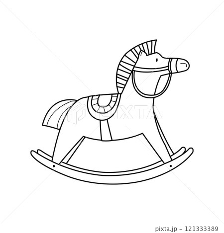 A cute coloring page with a rocking horse. A black and white illustration of a children toy animal. A cute coloring page with a rocking horse. A black and white illustration of a children toy animal. 121333389