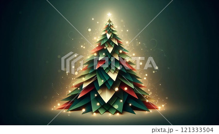 An abstract Christmas card with a Christmas tree formed from overlapping geometric shapes in shades of green, gold, and red, with soft glowing lights scattered across the branches 121333504
