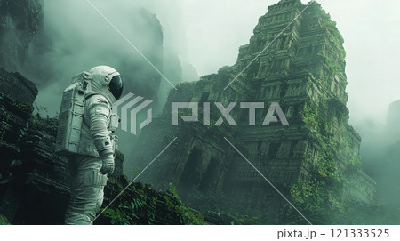 Astronaut amidst jungle ruins and towering ancient architecture 121333525