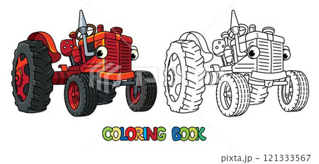 Funny small retro tractor with eyes. Coloring book 121333567