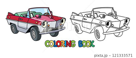 Funny small retro car with eyes. Coloring book 121333571