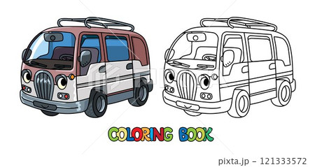 Funny small food truck car with eyes Coloring book 121333572