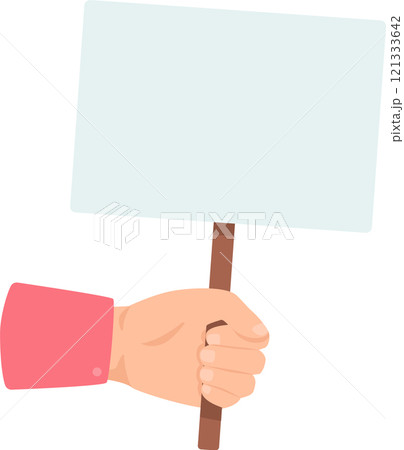Close up of a hand gripping a wooden handle of a blank white protest sign, offering generous copy space for conveying messages or designs related to activism and social justice 121333642