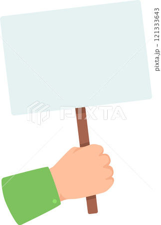 Hand firmly grasping a blank placard with a wooden stick, ready for protest, announcement, or advertisement, isolated on a white background 121333643