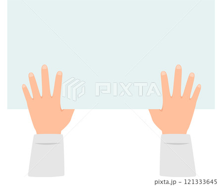 Two hands grasping a blank sign featuring ample copy space, ideal for personal messages or creative designs, set against a clean white background for maximum impact 121333645