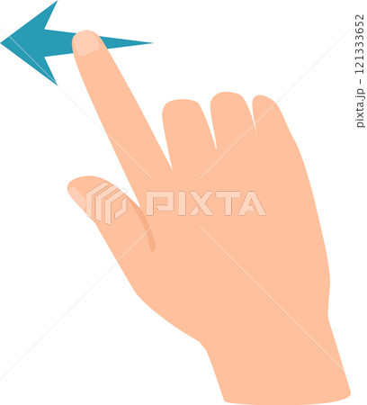 Cartoon hand making a swiping left gesture with the index finger and a blue arrow following the movement, representing navigation, user interface interaction, or decision making 121333652