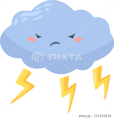 Stylized, cartoon depiction of a storm cloud with an angry expression, producing lightning bolts, set against a plain white backdrop, evokes a sense of stormy weather and potential danger 121333818