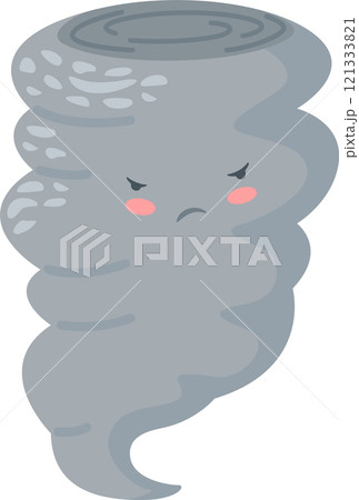 Whimsical illustration featuring a grey tornado with a disgruntled face, adding personality to extreme weather, ideal for children s books and educational materials Whimsical illustration featuring a grey tornado with a disgruntled face, adding personality to extreme weather, ideal for children s books and educational materials 121333821