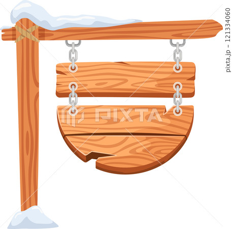 Wooden sign adorned with snow, hanging from a rustic wooden pole using metallic chains and rope, perfect for enhancing winter and Christmas themed projects and decorations 121334060