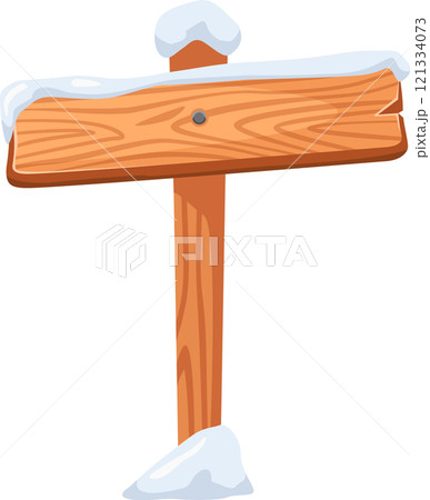 Wooden signpost covered in a thick layer of snow stands in a serene winter forest, guiding hikers and travelers along a picturesque, snowy path through the tranquil landscape Wooden signpost covered in a thick layer of snow stands in a serene winter forest, guiding hikers and travelers along a picturesque, snowy path through the tranquil landscape 121334073