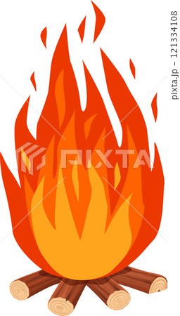 Bonfire burning with vibrant flames on a white background, featuring logs arranged in a star shape, creating a cozy and inviting atmosphere perfect for gatherings and celebrations 121334108