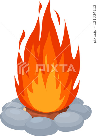 Bonfire burning with high flames over white background surrounded by rocks, perfect illustration for camping, scouting and outdoor activities Bonfire burning with high flames over white background surrounded by rocks, perfect illustration for camping, scouting and outdoor activities 121334112