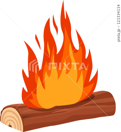 Bonfire with bright orange and red flames burning intensely on a wooden log, creating a warm and cozy atmosphere, perfect for camping or outdoor gatherings 121334114