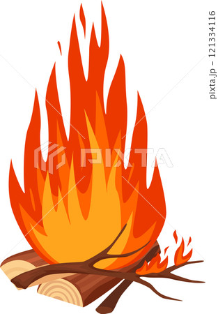 Large bonfire blazing with intense flames against a white background, capturing the essence of camping, evoking warmth, and hinting at the thrill of danger 121334116