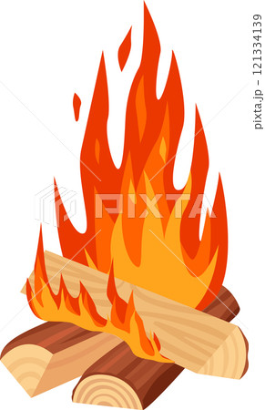 Bonfire roaring with large flames engulfing two pieces of firewood, creating a cozy and warm atmosphere ideal for camping trips and outdoor adventures under the stars Bonfire roaring with large flames engulfing two pieces of firewood, creating a cozy and warm atmosphere ideal for camping trips and outdoor adventures under the stars 121334139