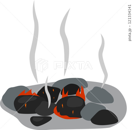 Glowing embers nestled among gray stones emit swirling plumes of smoke, crafting a mesmerizing scene against a clean white backdrop, evoking warmth and energy 121334141