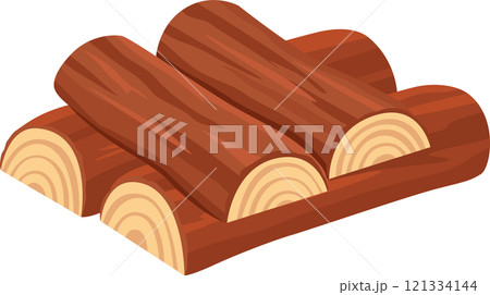 Three wooden logs stacked on a larger log highlight the essence of lumber and the wood industry, reflecting natural materials and the beauty of forestry 121334144