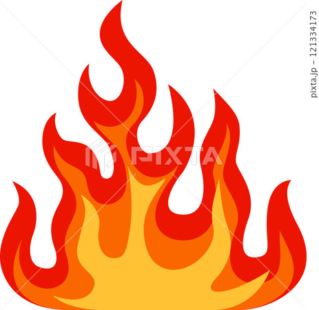 Bright stylized flames rising against a white background, radiating warmth and inviting energy with vibrant reds, oranges, and yellows, creating dynamic and captivating shapes 121334173
