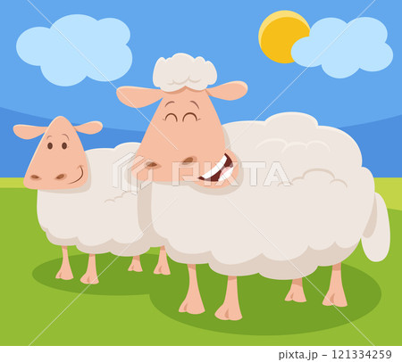 funny cartoon sheep farm animal character with lamb 121334259