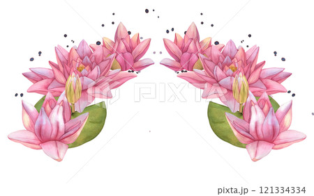 Watercolor illustration of lotuses. Arch of pink water lily flowers. Bouquet of pink lotus flowers. Floral template for wedding cards, invitations and cosmetic package 121334334