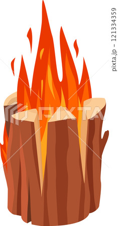 Bonfire blazing with large flames and burning logs, creating a warm and inviting atmosphere, ideal for camping trips or outdoor gatherings under the starry night sky 121334359